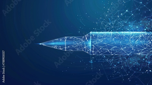 Cartridge with a bullet from abstract futuristic polygonal white lines and dots on blue background for banner, poster, greeting card. AI generated photo