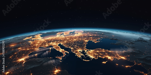 Glowing City Lights: Earth from Space, blue horizon, black sky photo