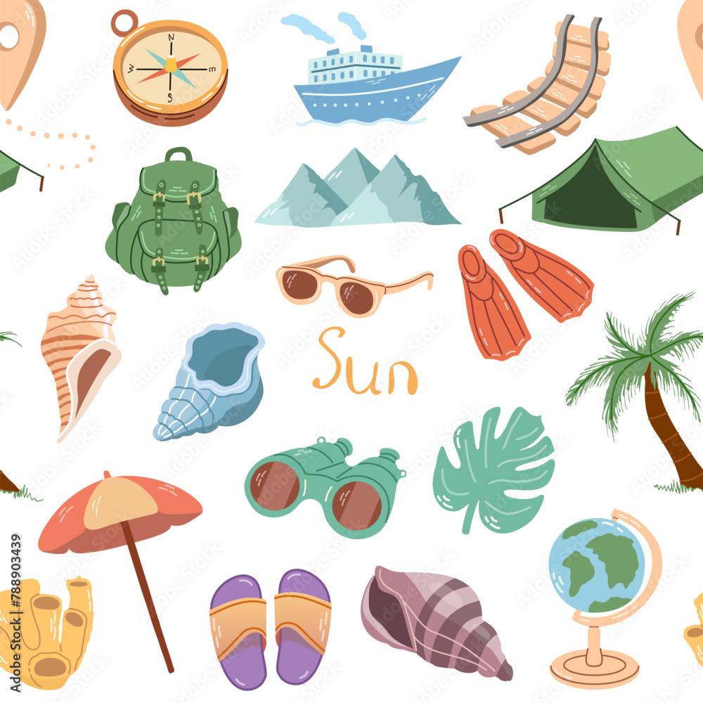Naklejka premium Hand-drawn colored travel seamless pattern. Tourism and camping adventure. Сlipart with travelling elements.