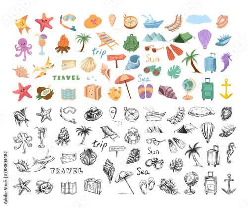 A cute hand-drawn colored and contour-black set of travel icons. Tourism and camping adventure icons. Сlipart with travelling elements, bags, transport, camera, map, palm, seashells.