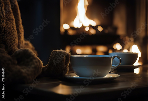cup hot drink relaxing fireplace Warming foot woman girl tea sock cosy wood table firewood blurred burning warm flaming red glowing concept yellow holiday bright