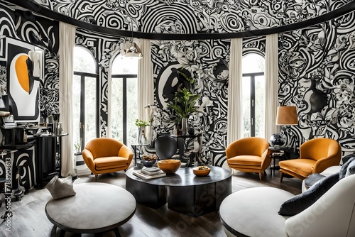 Mesmerizing Maximalist Home: African-Inspired Black and White Art Paintings, Vibrant Tondo Illusions photo