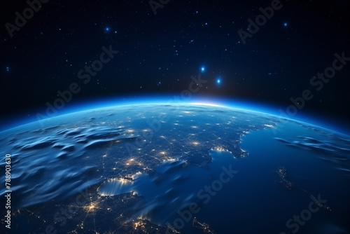 Glowing City Lights  Earth from Space  blue horizon  black sky