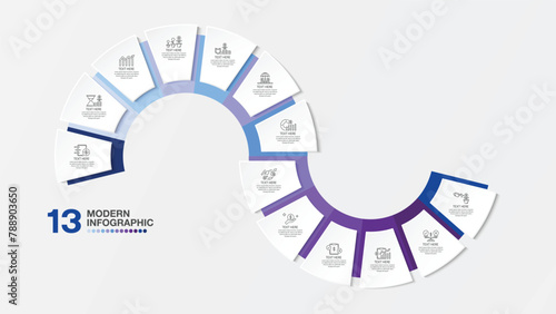 Blue tone circle infographic with 13 steps, process or options.