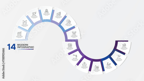 Blue tone circle infographic with 14 steps, process or options.