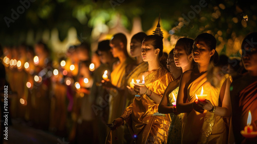 A solemn procession of devotees carrying candles and offerings