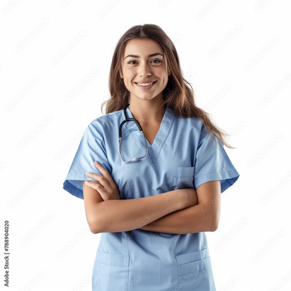 A female pharmacist stands with her hands in greeting A female pharmacist stands with her hands in greeting