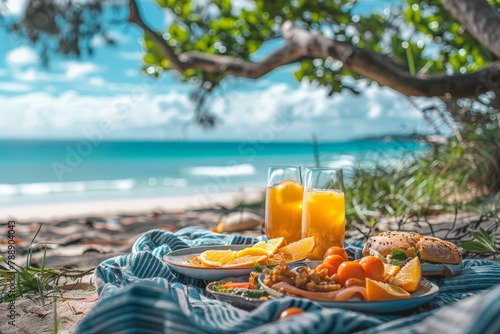 A picnic scene with food and glass of orange juice drink on picnic blanket at beach