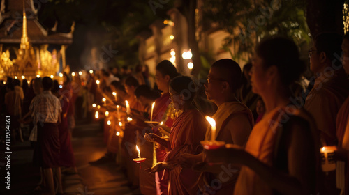 A solemn procession of devotees carrying candles and offerings