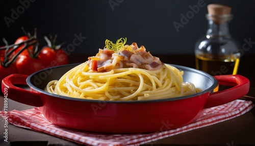 Spaghetti carbonara in a red pan. Close up.