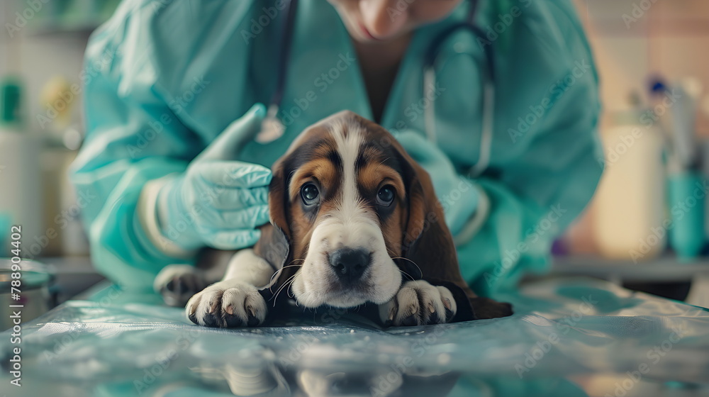 Close-up of a basset dog and a veterinarian's hand in a veterinary clinic. Veterinary clinic, pet care and people concept