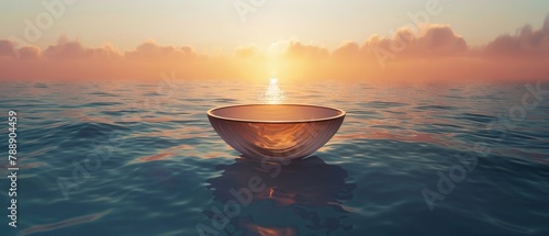 Bowl ocean scene with cereal continents, dawn light, high perspective, calm sea