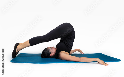 trauma releasing exercises, for elderly people, old woman doing pilates in the studio isolated on white photo