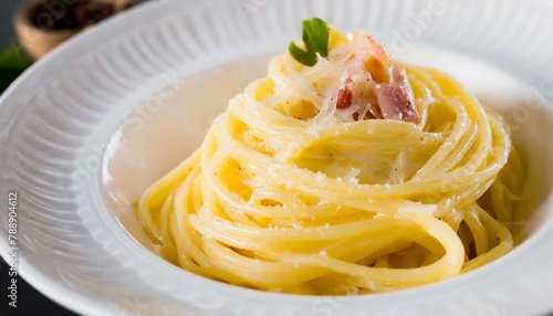 Spaghetti cabonara on a white plate. Top view.
 photo