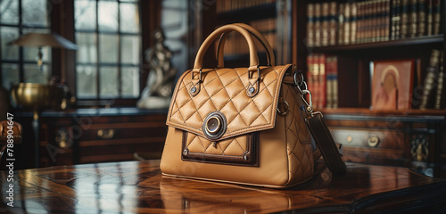 A structured satchel bag in timeless tan, placed neatly on a wooden desk, offering both style and functionality for the modern professional woman photo