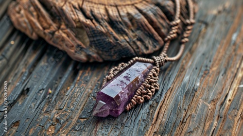Blank mockup of a bohoinspired pendant necklace with a raw ayst crystal and macrame details. . photo
