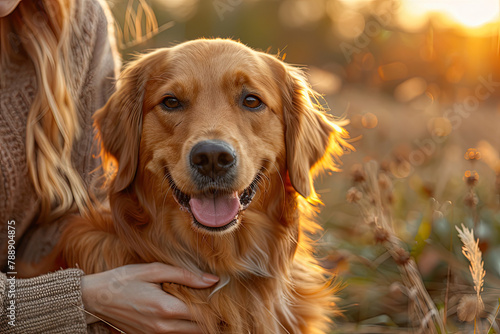 A golden retriever dog smiles while being petted in the style of his owner, bathed in the warm glow of sunset. Created with Ai