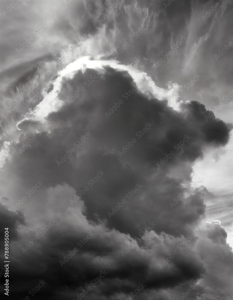 Obraz premium Clouds, very dramatic sky, in black and white. Grainy traditional analog style photo in ultra high resolution. Sunlight is pouting through the silhouette of the cloud formation. Moody, dark.