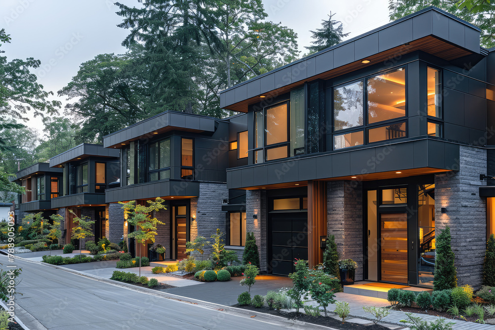 A stunning photo of modern townhouses in the Canadian style with stone and wood accents, showcasing their elegant architecture against lush greenery. Created with Ai