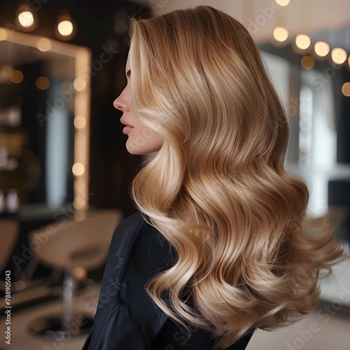 beautiful blond highlighting hair woman in black dress in hair salon, , hair care, beauty salon, beauty black hair