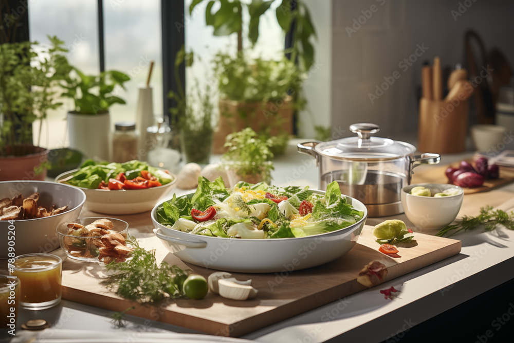 Modern kitchen countertop, with delicious salad with fresh vegetables illuminated by a large window with warm light Modern kitchen countertop, with delicious salad with fresh vegetables illuminated by a large window with warm light