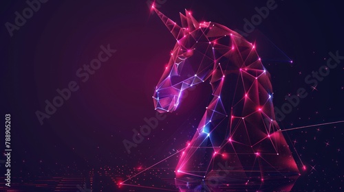 Chess horse from futuristic polygonal red lines and glowing stars for banner, poster, greeting card. AI generated