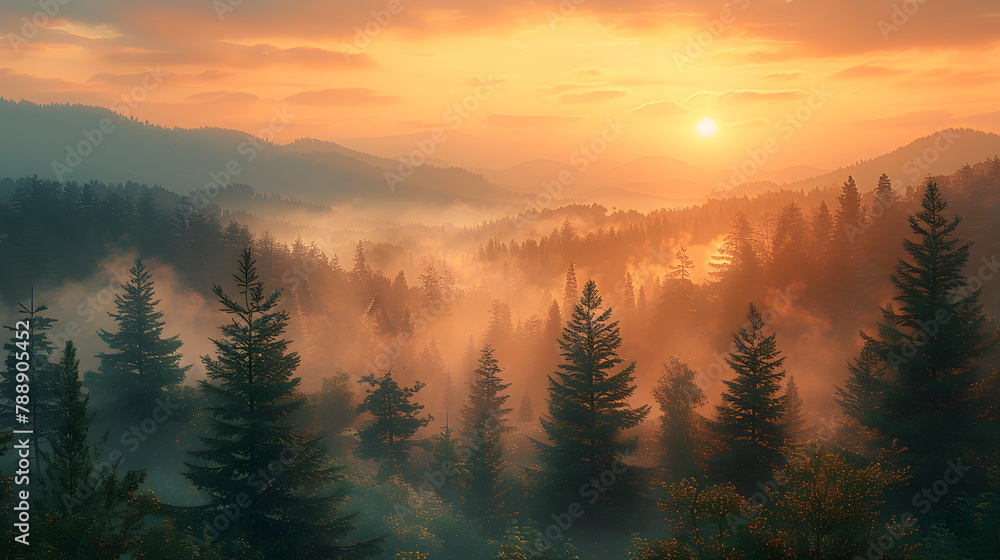 Obraz premium Beautiful landscape in the mountains at dawn. View of misty hills covered with forest. Mocha Mousse - Color of the Year 2025
