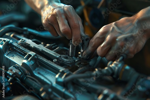 Closeup of hands tightening a bolt on a car engine, precision and focus