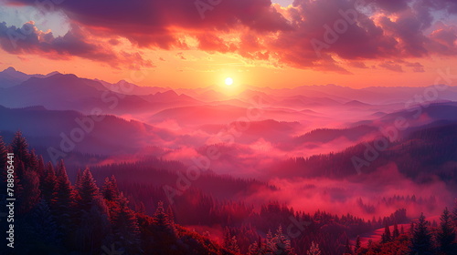 Pink purple dawn over the hills. Panoramic photo of the landscape. Beautiful landscape in the misty mountains.Purple and pink sky over misty mountains silhouette