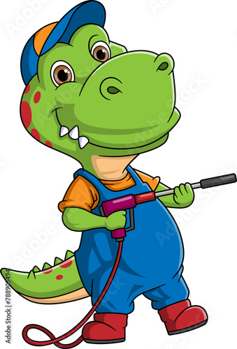 A dinosaurs cartoon mascot for car wash holding a High Pressure washer gun Jet Spray