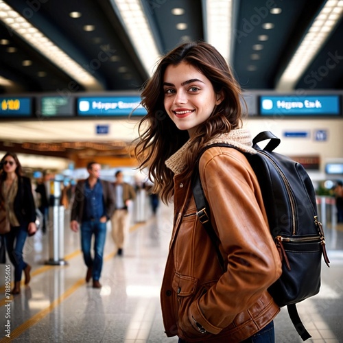 woman carrying backpack in airport (smiling), casual young tourist traveller 