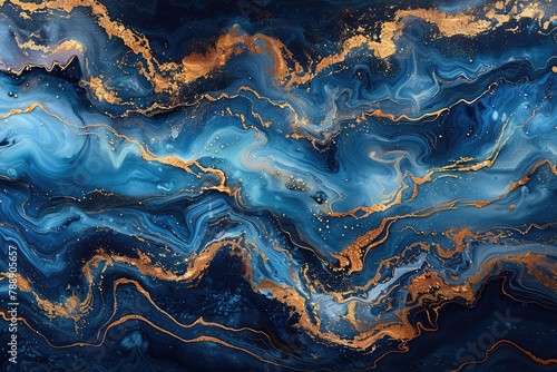 Abstract Blue and Gold Liquid, Abstract Art Style, Background with White Watercolor in the style of light white and dark blue. Created with Ai