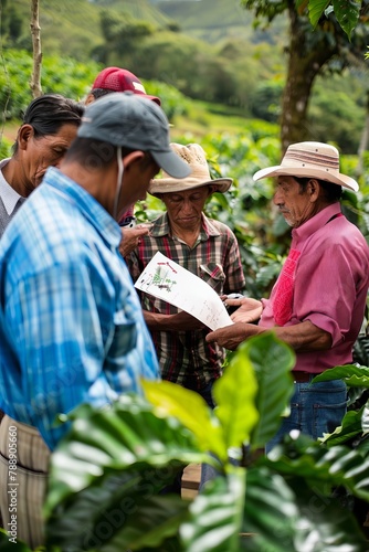 Coffee Farmers Participating in a Cooperative Meeting, Discussing Farming Techniques, Market Trends, And Community Initiatives, Generative AI