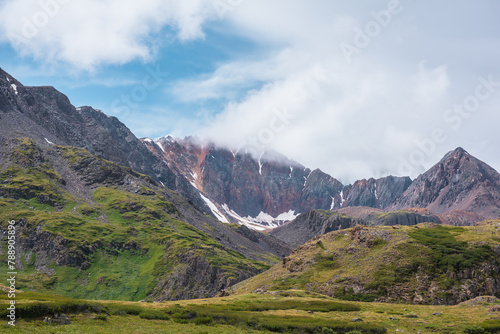 Lush alpine flora on green hills and rocks against rocky pointy peak and big sharp ridge in low clouds. Dramatic misty view to high mountains in rainy cloudy sky. Peaked top and large mountain range. © Daniil