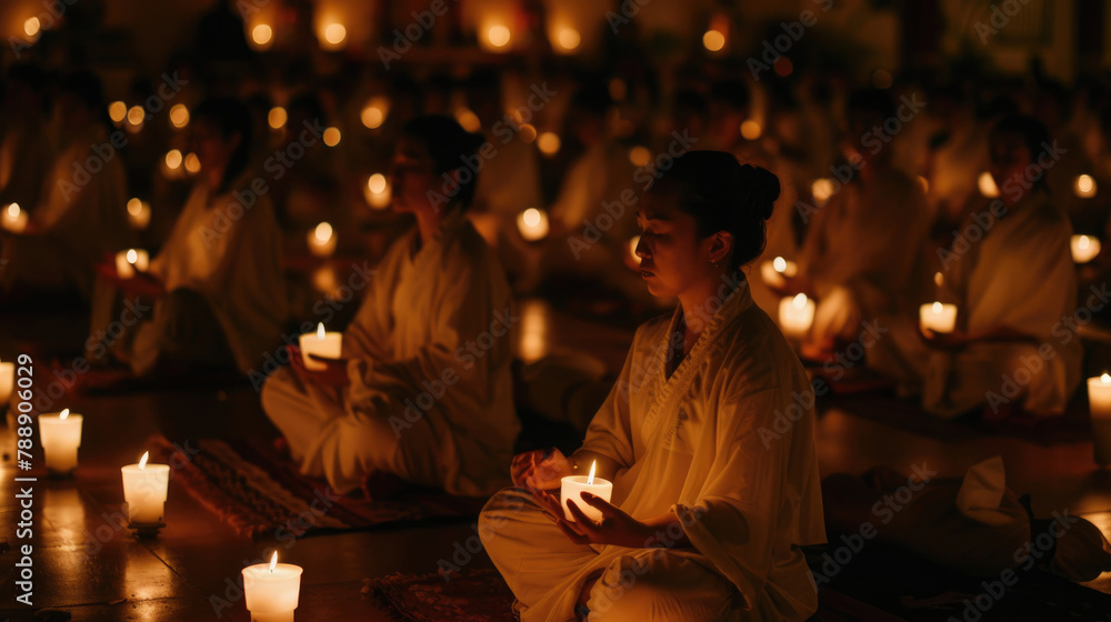Practitioners engaging in candlelight meditation during Vesak