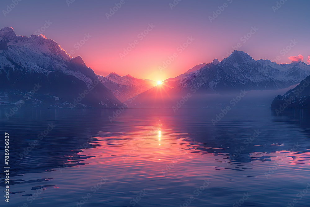 A stunning sunrise over the snowcapped mountains, reflecting on calm waters of Lake cinema4d style, high resolution. Created with Ai
