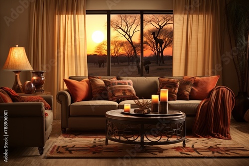 Sunset Savanna Palette Curtains and Sisal Floor Mat in African Safari Lounge Living Room