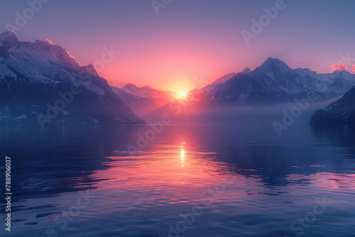 A stunning sunrise over the snowcapped mountains, reflecting on calm waters of Lake cinema4d style, high resolution. Created with Ai photo