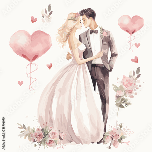A watercolor happy couple wedding decoration generative AI