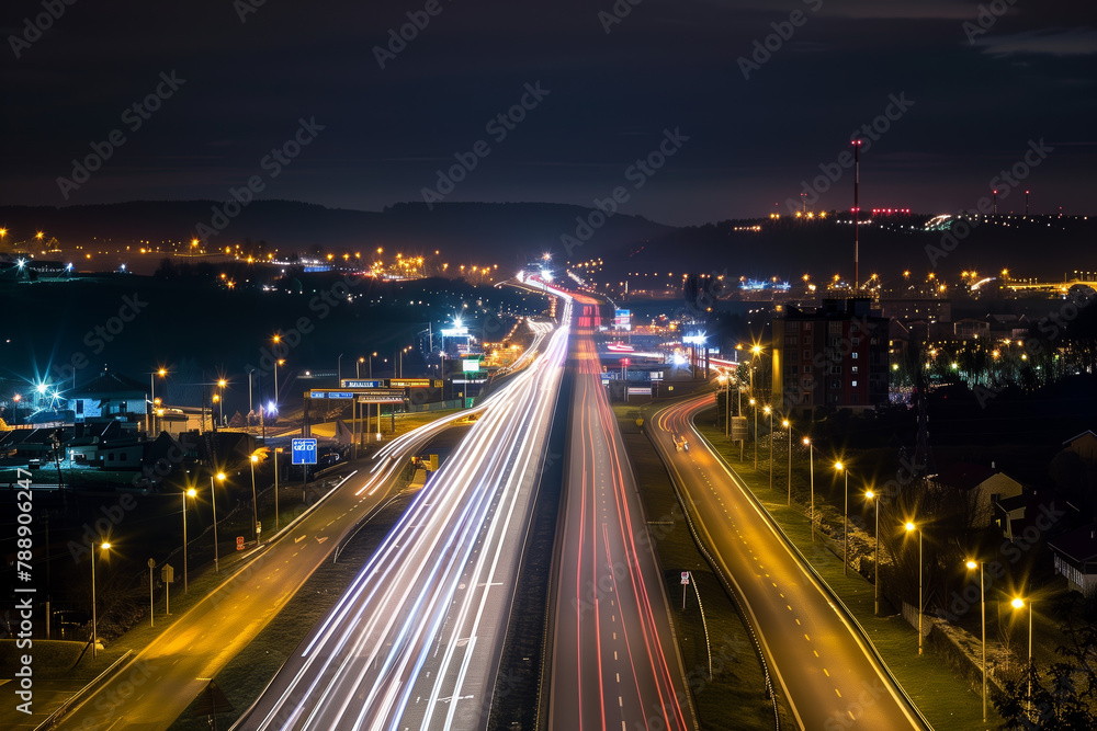 Streaks of moving car lights against the backdrop of city lights at night