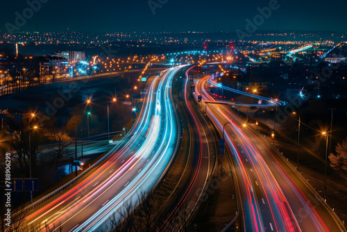 Streaks of moving car lights against the backdrop of city lights at night