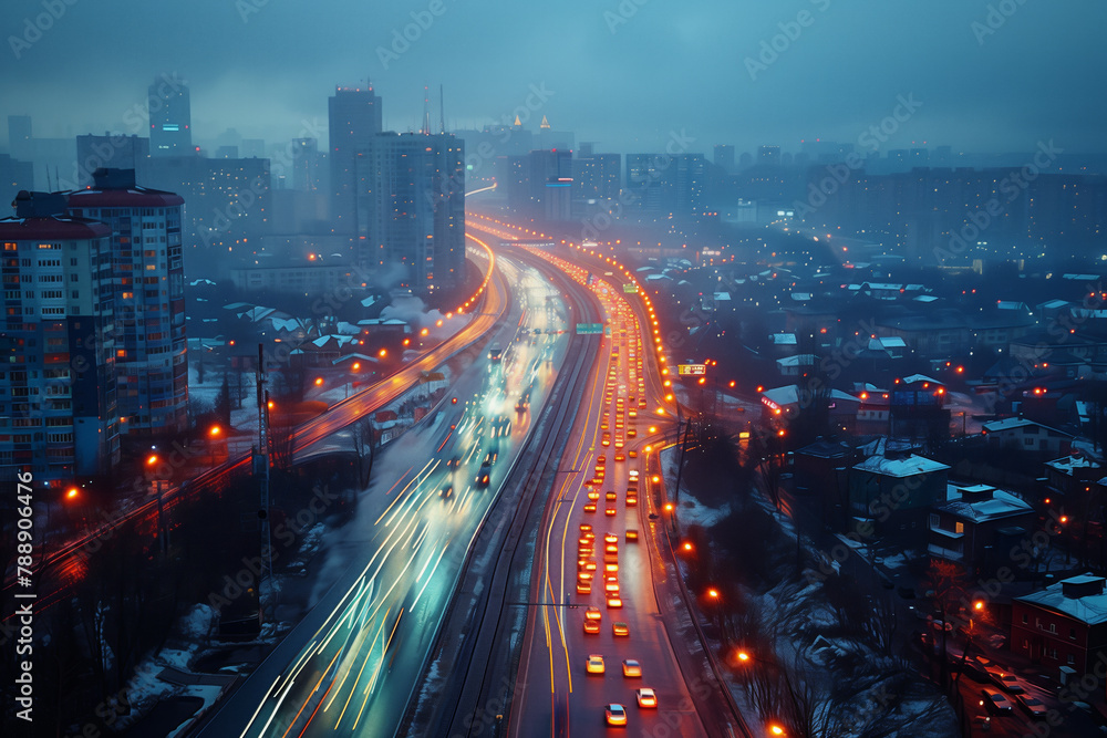 Streaks of moving car lights against the backdrop of city lights at night