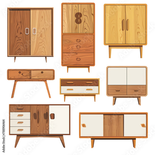 A collection of wooden furniture pieces, including tables and dressers