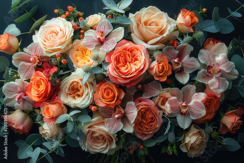 A bouquet of roses  orchids and eucalyptus with an orange peach color palette. Created with Ai