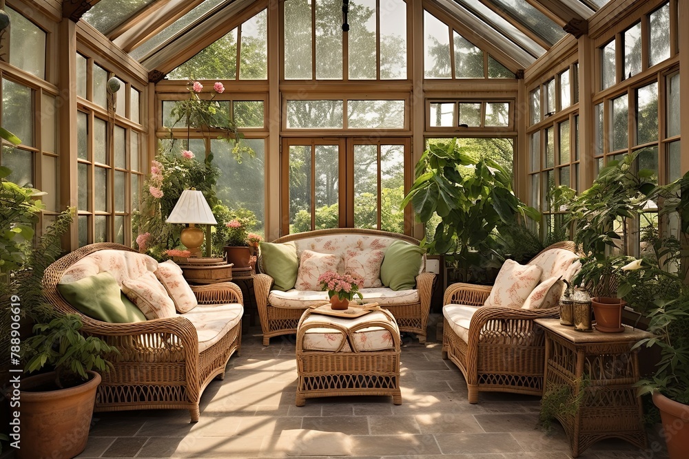 Antique Greenhouse Conservatory Designs: Solarium Style Architecture Featuring Rattan Loungers