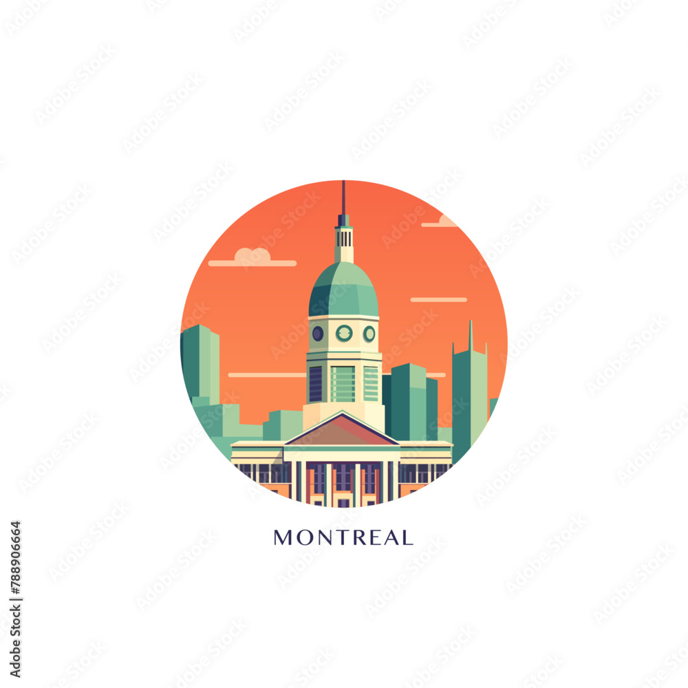 Obraz premium Montreal cityscape, Canada vector badge, flat skyline logo, icon. Quebec province city round emblem idea with landmarks and building silhouettes. Isolated graphic