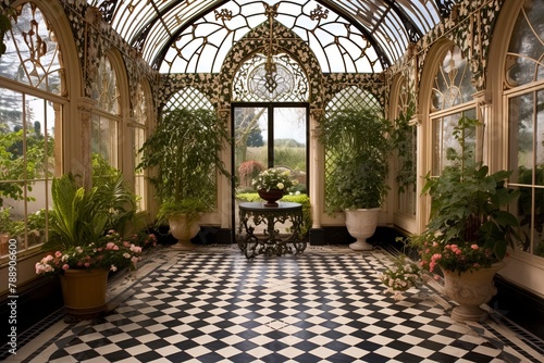 Antique Greenhouse Conservatory Designs: Pebble Mosaic Floors & Topiary Elegance