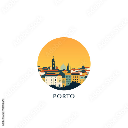 Porto cityscape, vector badge, flat skyline logo, icon. Portugal city round emblem idea with landmarks and building silhouettes. Isolated graphic
