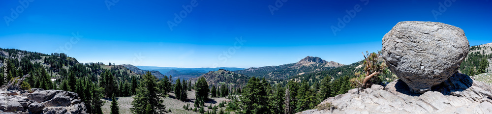 Panoramic view of a boulder at the trailhead parking lot to Bumpass Hell in Lassen Volcanic National Park 