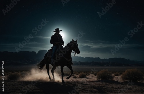 cowboy riding horse at night © Platinum Images